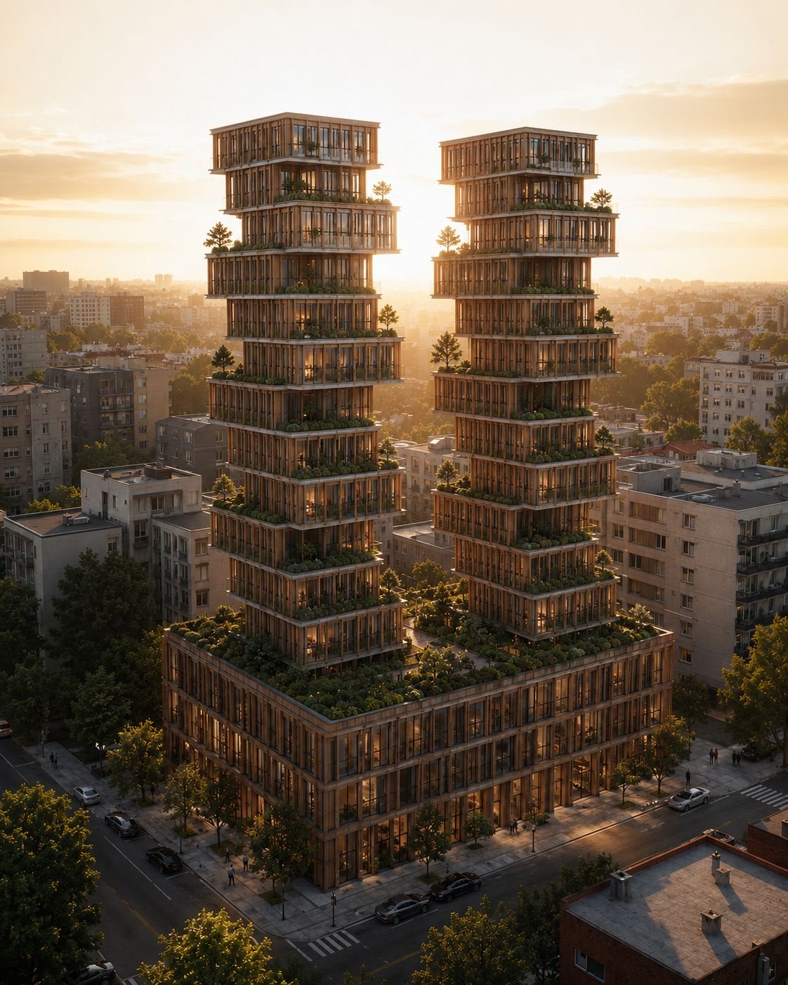 Tweelingtorens met uitgesneden terrassen bij zonsondergang