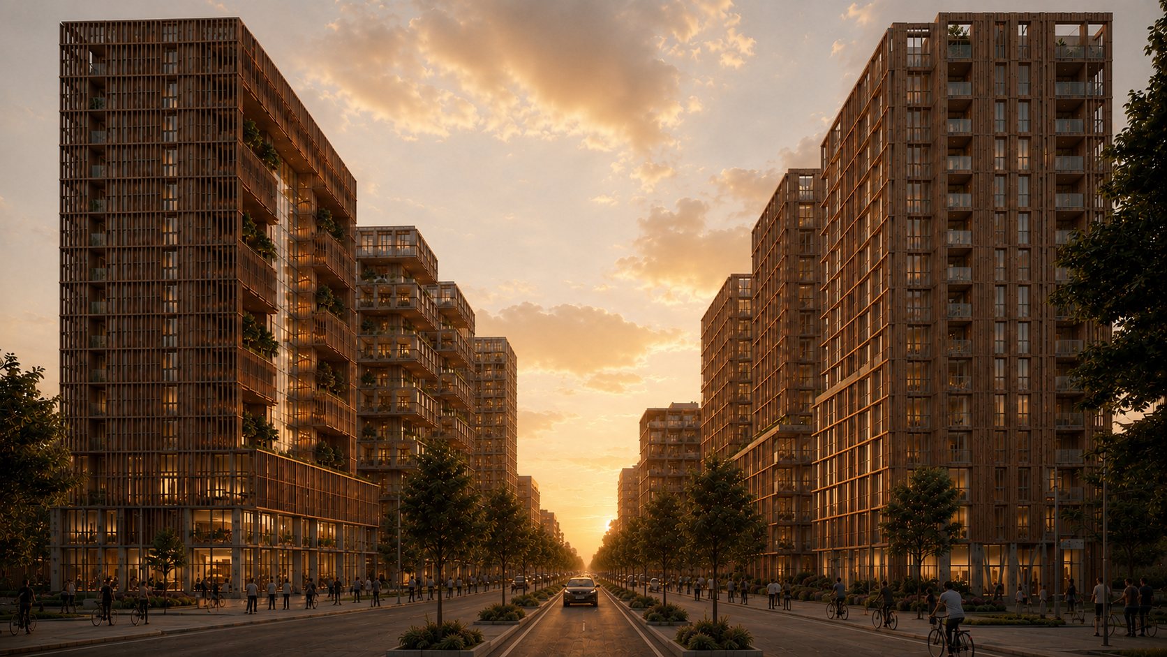 Brede stadsboulevard tussen woongebouwen in avondlicht
