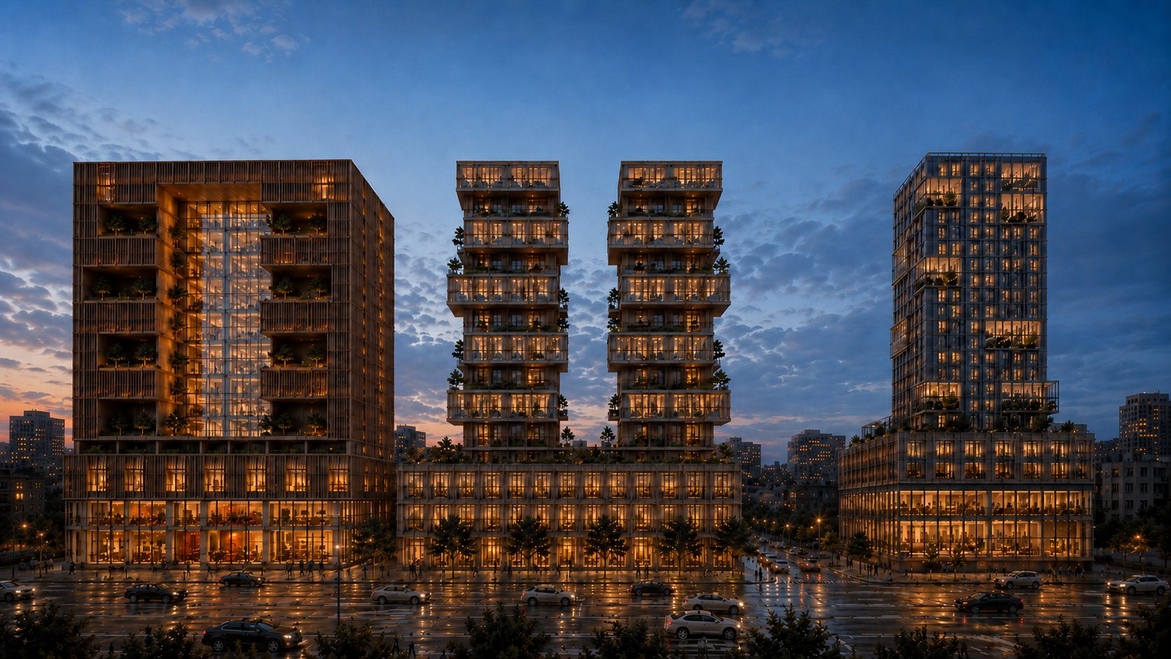 De drie gebouwen samen gezien vanaf de boulevard bij schemer