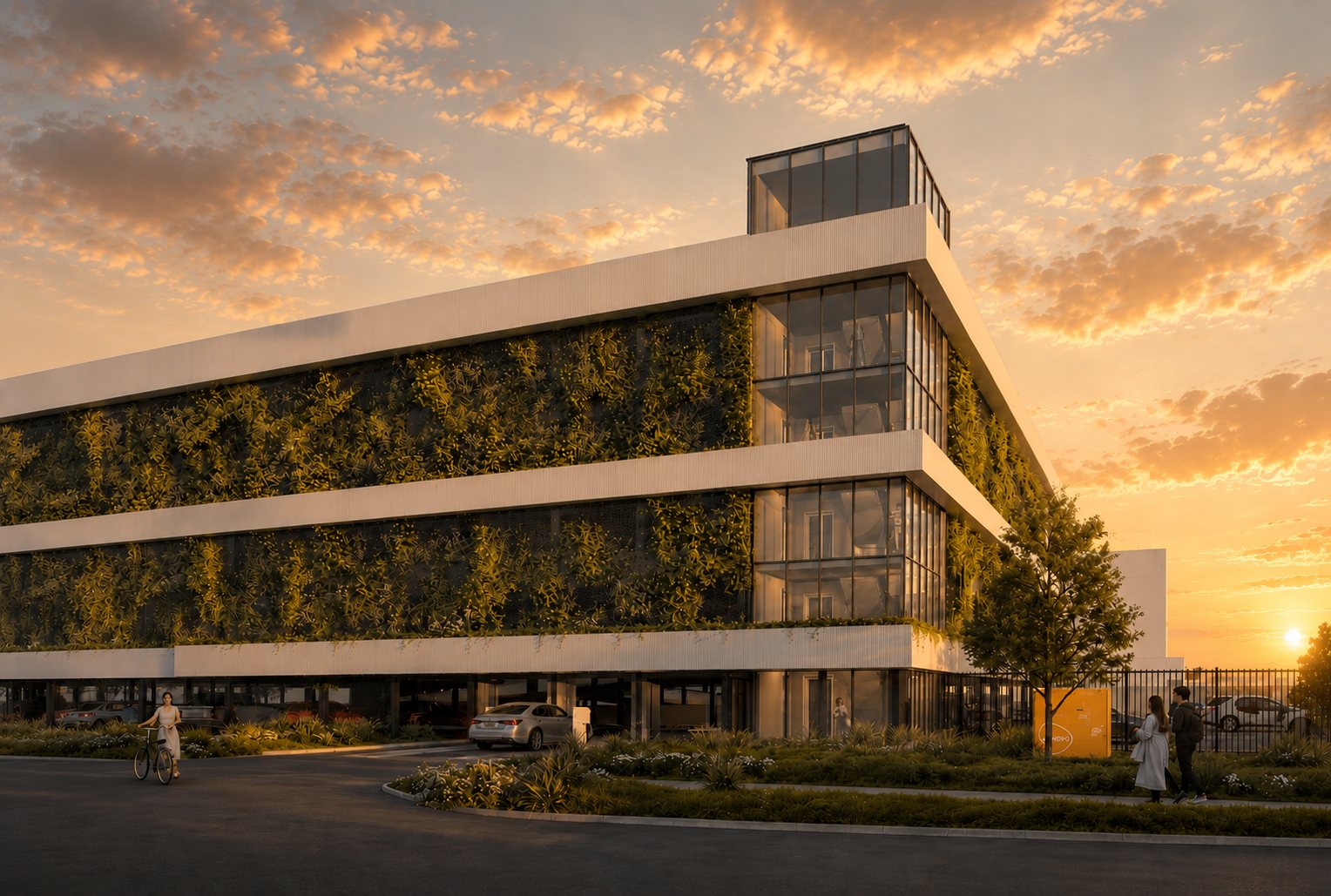 Corner view of Mobility Hub R22-1 at sunset
